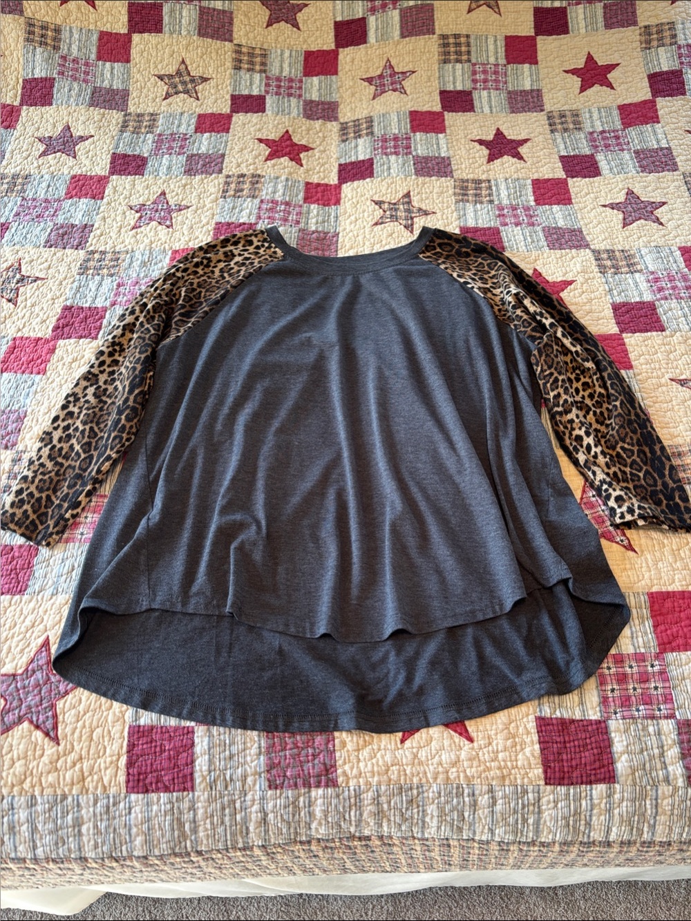 Amaryllis Charcoal Top with Leopard Print Sleeves